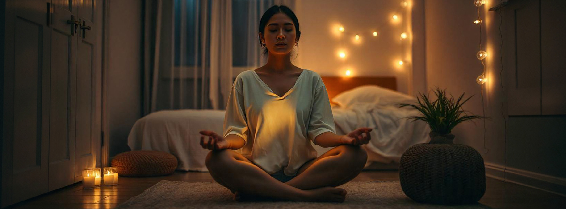 Mujer meditando en la noche de luna llena