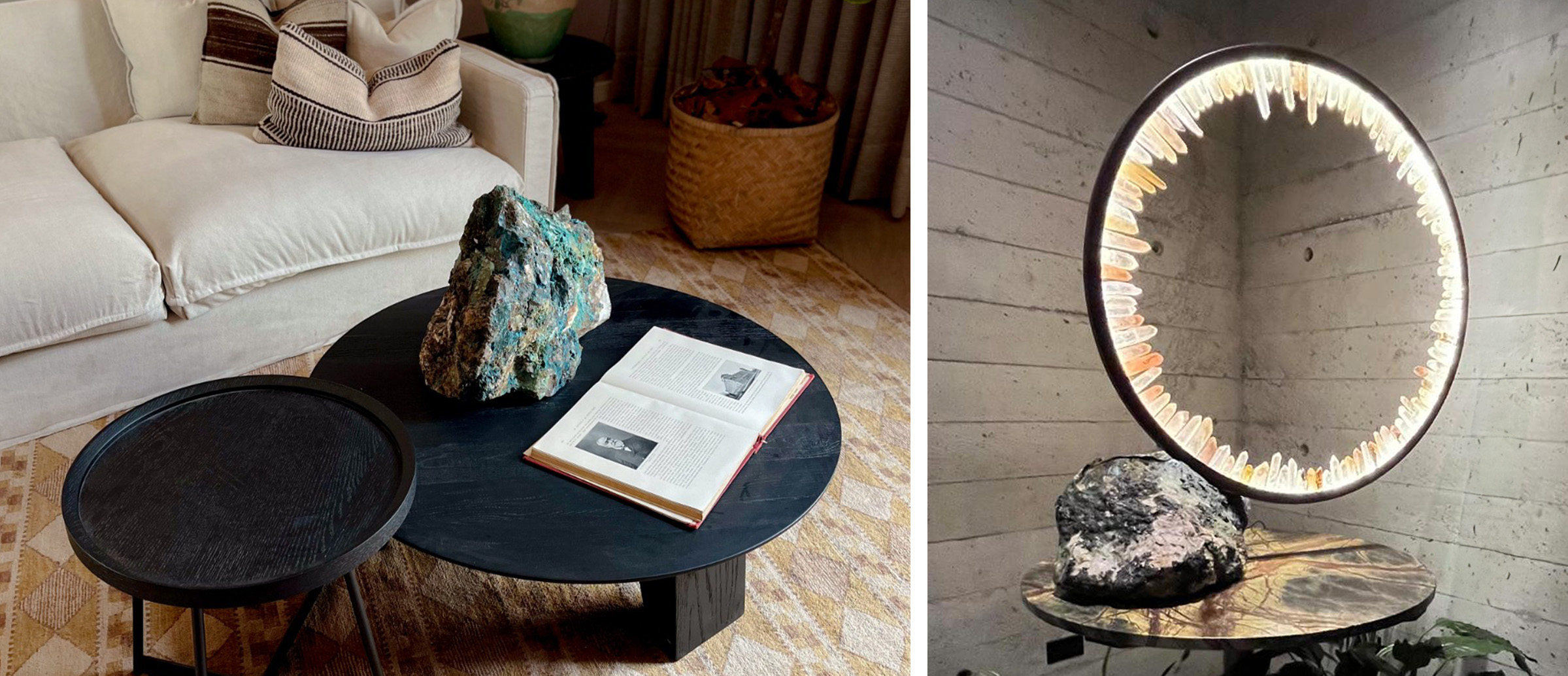 Minerales en el hogar, una mesa con un cuarzo verde y otra mesa con una lámpara de punta de cuarzo claro